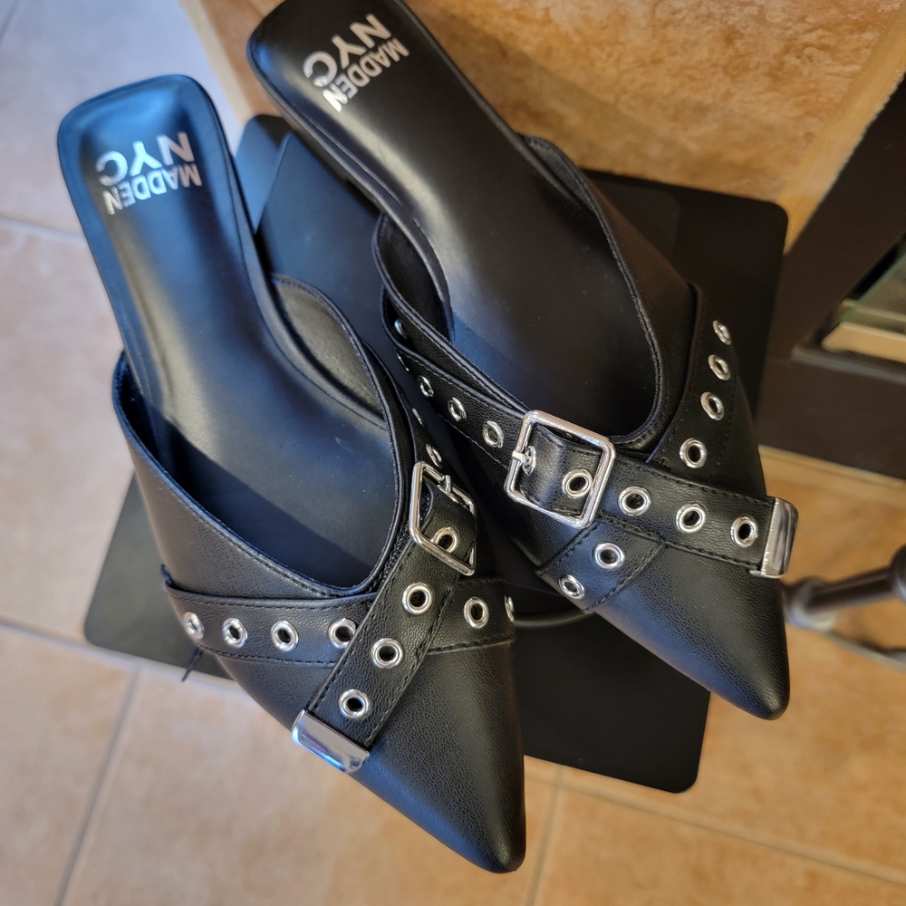 Medden NYC Black Studded Mules Buckle Detail